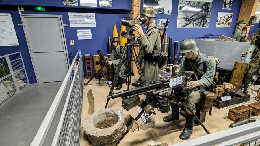 Diorama scene with German soldiers surrounded by a collection of the weapons and equipment they would have at their disposal
