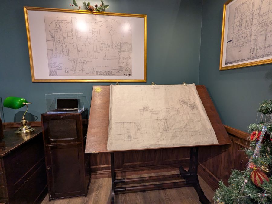 Draughtsman's drawing board with blueprint of Battersea Power Station