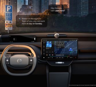 AI generated image of a car dashboard and screen with a conversation being displayed on it
