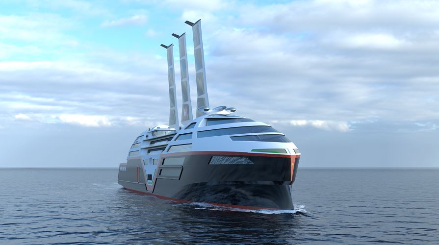 Design render view of Sea Zero ship from the bow and with sails erected
