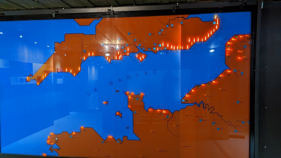 Colourful illuminated wall map of radar stations in France & England
