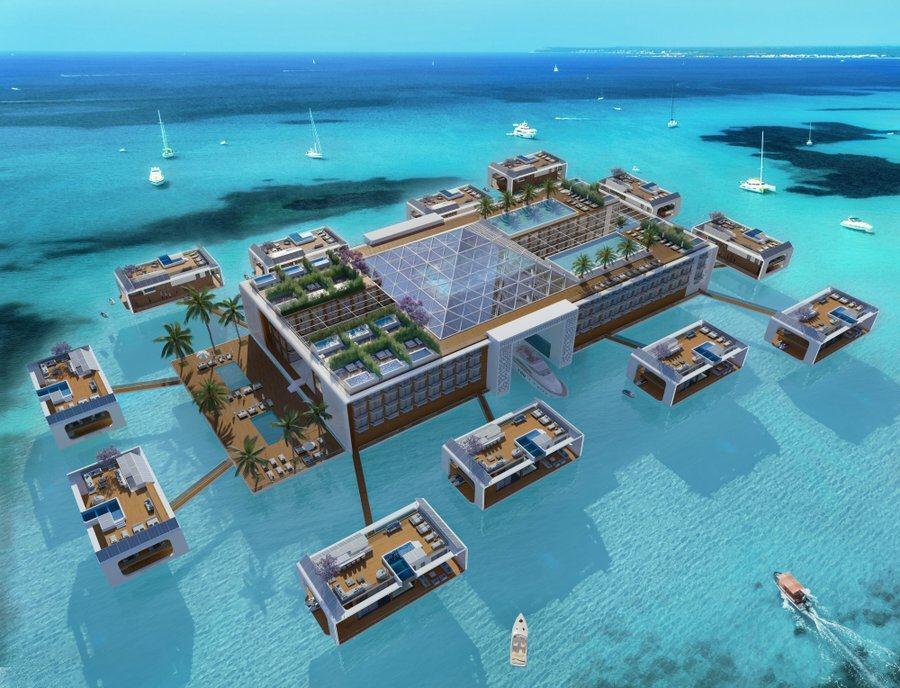 Artists rendering of the floating hotel and its villas attached by pontoons