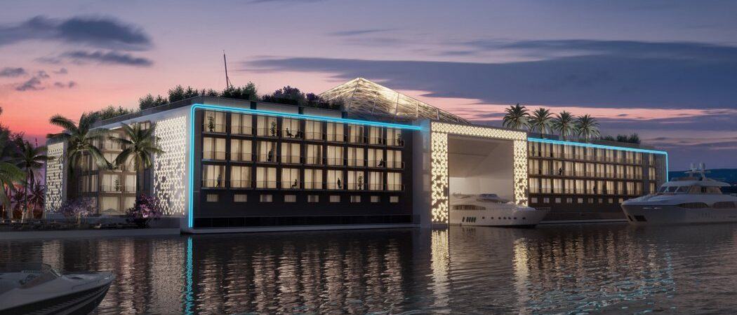 Artists rendering of a floating hotel at night