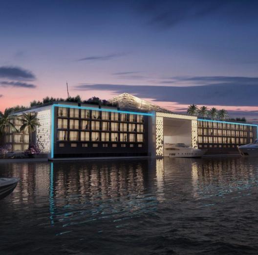 Artists rendering of a floating hotel at night