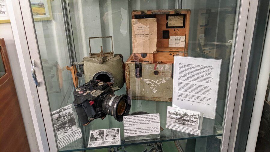 Vintage cameras in a display case