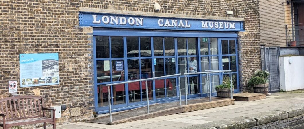 London Canal Museum's glass entrance on the wharf side