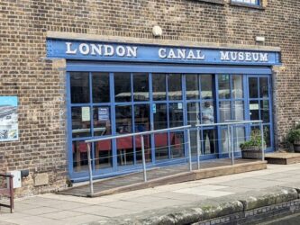 London Canal Museum's glass entrance on the wharf side
