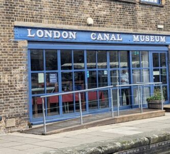 London Canal Museum's glass entrance on the wharf side