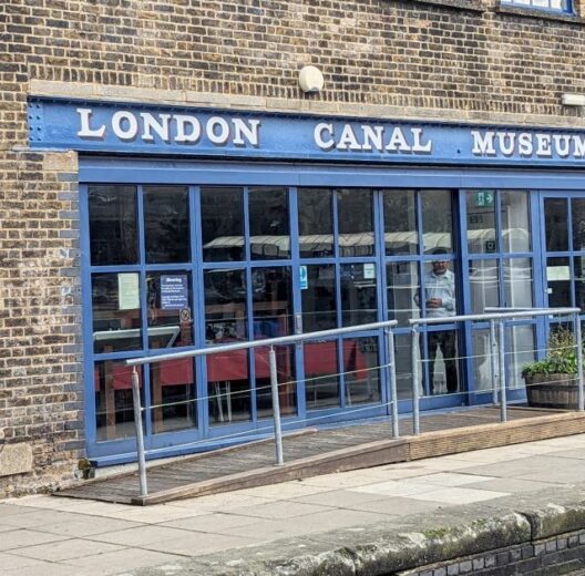 London Canal Museum's glass entrance on the wharf side