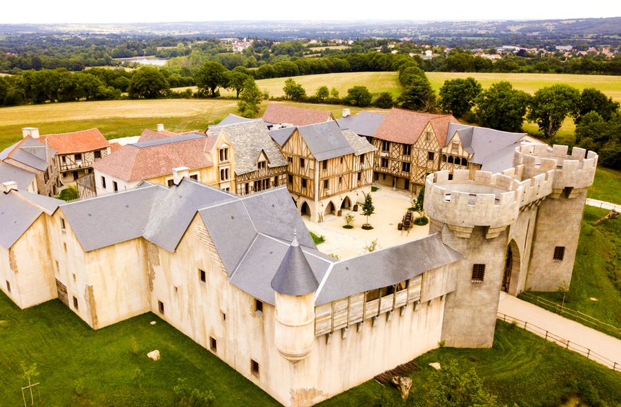 Aerial view of a large medieval fortress