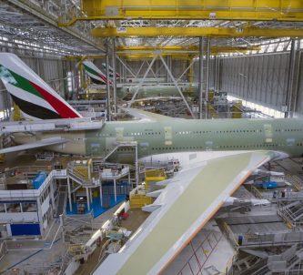 View down on an assembly line of Airbus A380s