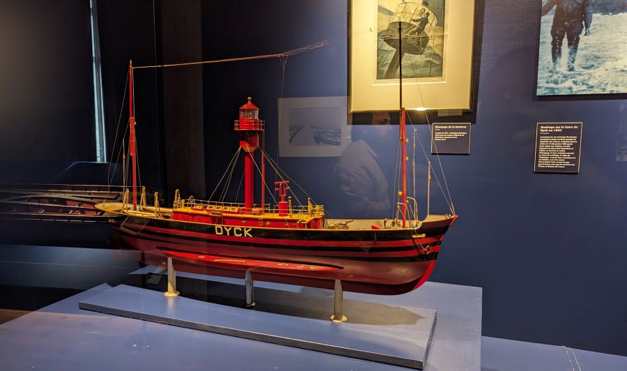 Model of an old lightship in a glass display case