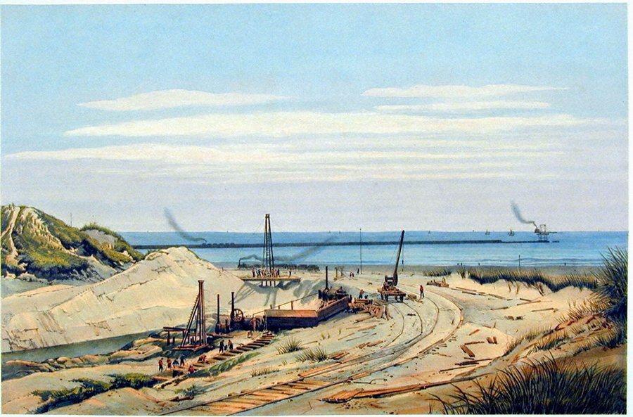 Coloured drawing of 19th century construction works in the sand dunes.