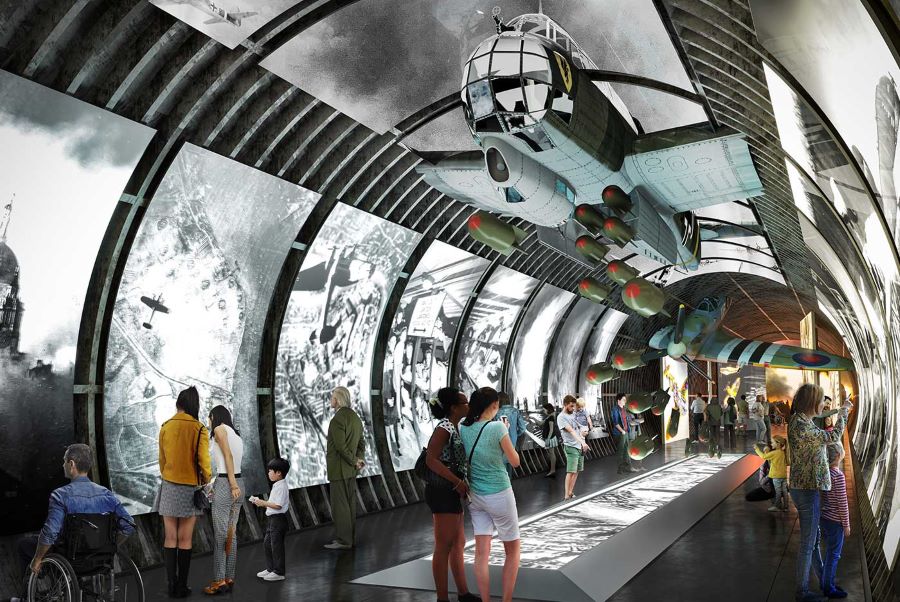 Render of visitors in gallery in the tunnels focusing on the Blitz