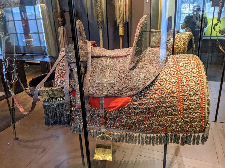 An elaborate embroidered saddle and harness