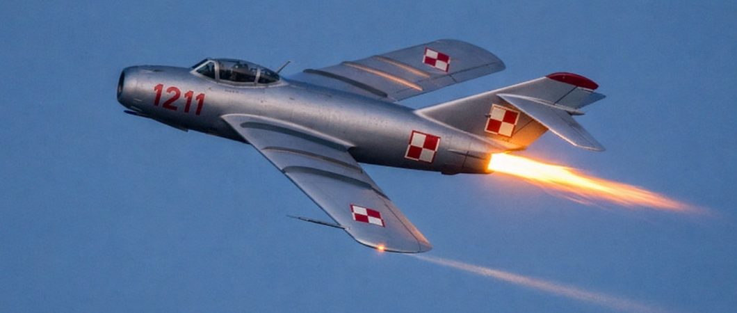 A 1950s silver MiG-17 in Polish markings, streaks through the evening sky with a bright flame from the afterburner.