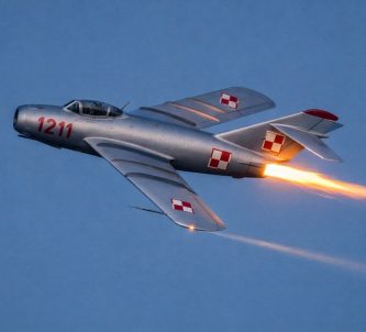 A 1950s silver MiG-17 in Polish markings, streaks through the evening sky with a bright flame from the afterburner.