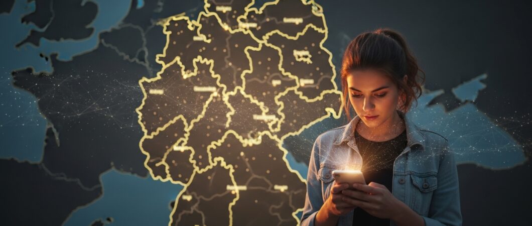 Ai generated image. A young woman looks at her phone with a regional map of Germany as a background