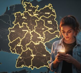 Ai generated image. A young woman looks at her phone with a regional map of Germany as a background