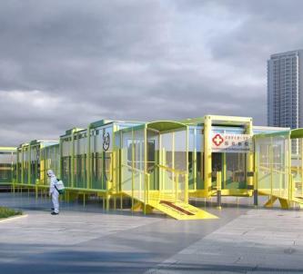Design rendering of a modular hospital with green, yellow and glass panels