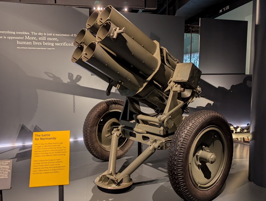 Six tubed green rocket launcher on a trailer base