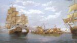 Oil on canvas painting of Nelson's ships firing on San Cristobel castle