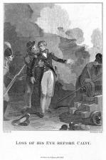 Black & white print of Nelson standing by a wall and reeling from his shrapnel wound