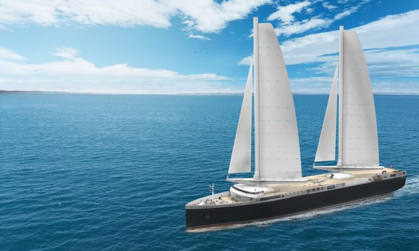 Digital rendering od a ship with two large masts with sails