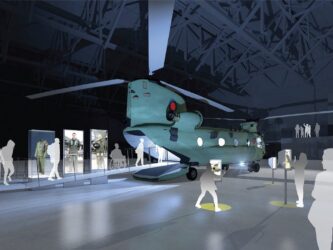 Concept drawing of an exhibition featuring a Chinook helicopter