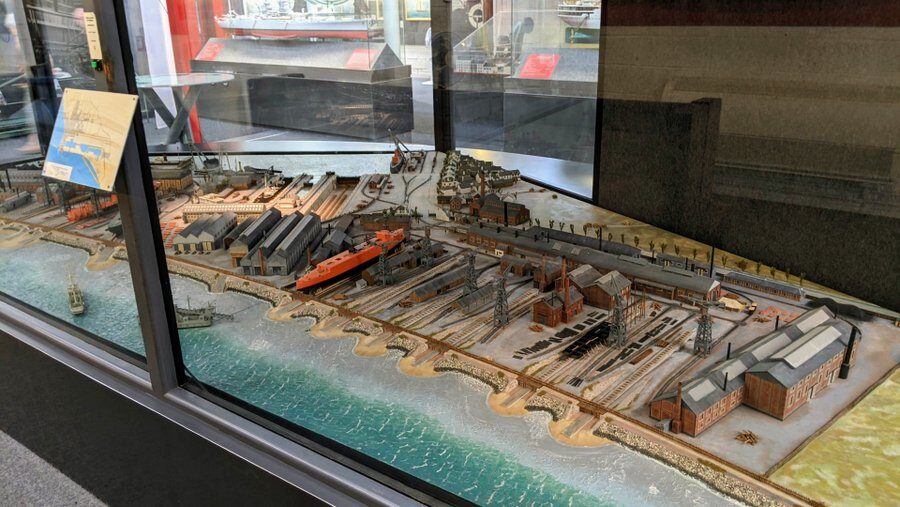 Detailed model in a large glass case of the old shipyards at Saint-Nazaire