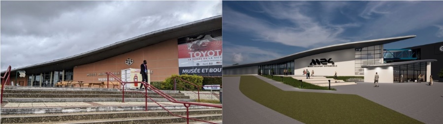 two side-by-side photos of the front entrance of the old and new 24 hr Le Mans museums