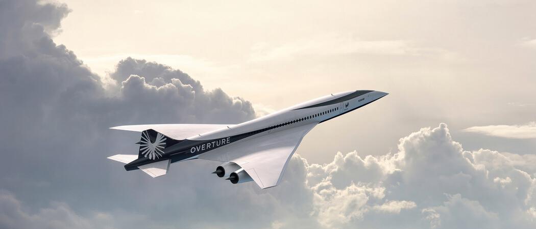 graphic visualisation of a Boom Supersonic 4-engined airliner in the clouds
