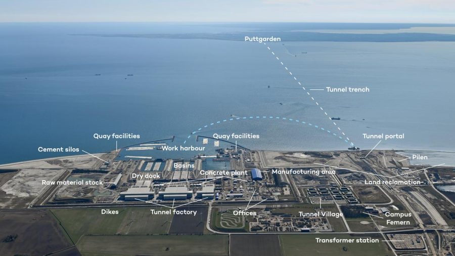 Annotated aerial photo of the port and construction facilities for the Fehmarnbelt tunnel at Rødbyhavn
