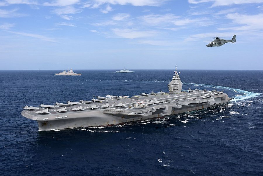Illustration of a large aircraft carrier at sea with other ships around it