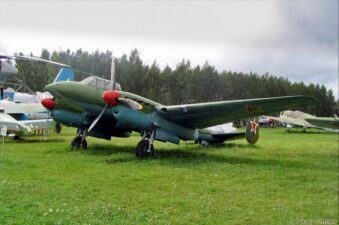 A recent photo of a Petlyakov Pe-2 bomber on display with other aircraft in a green field