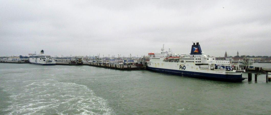 Two P&O Ferries berthed in Calais on a grey day