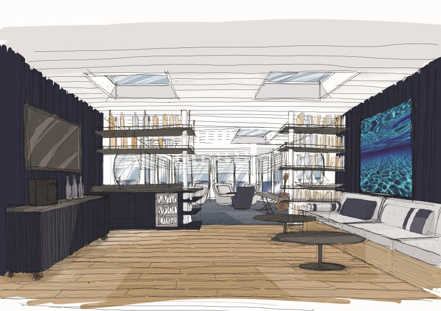 Designer's drawing of a lounge area with bar and books
