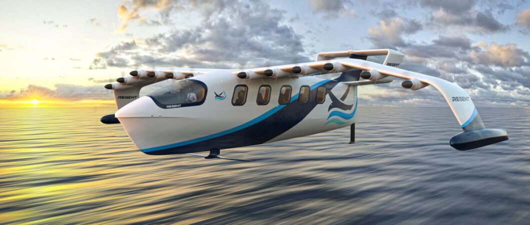 A render of a ground effect flying boat powered by 12 propellors on its wings, skimming across the sea