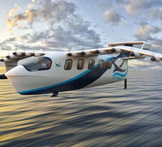 A render of a ground effect flying boat powered by 12 propellors on its wings, skimming across the sea