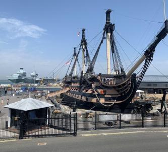 HMS Victory from her starboard bow on a sunny day