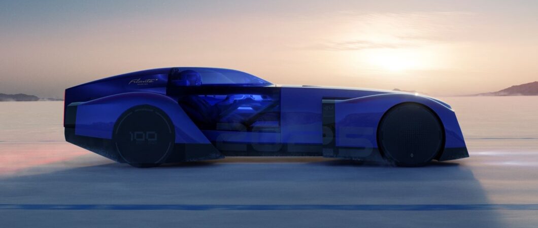 Sleek blue car with a sunset behind it