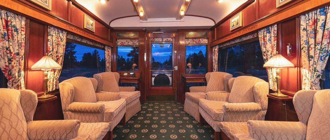 Sofas adorn a luxury train carriage