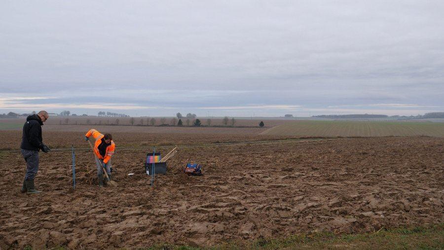 Two CWGC men work in a ploughed field