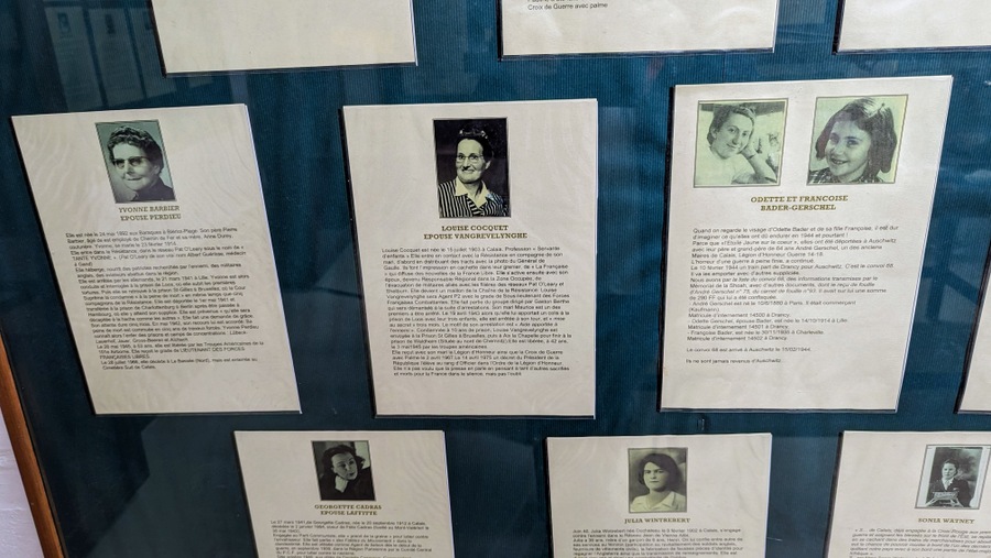 Individual A4 sheets displayed on a wall, each with a photo of a woman in the Résistance and her biography underneath