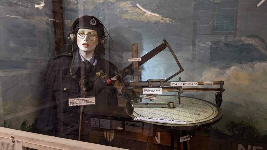 A mannequin in ROC uniform stands next to a pedestal with a device for measuring the height and azimuth of aircraft