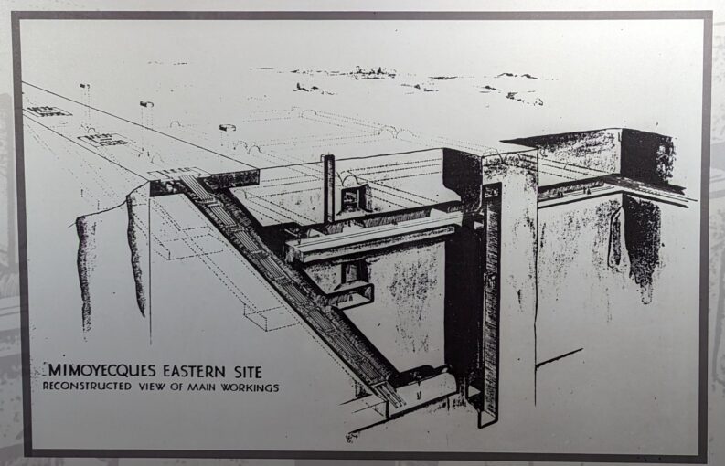 Three dimensional cutaway drawing of the site showing the upper and lower galleries and the sloped HDP gun shafts