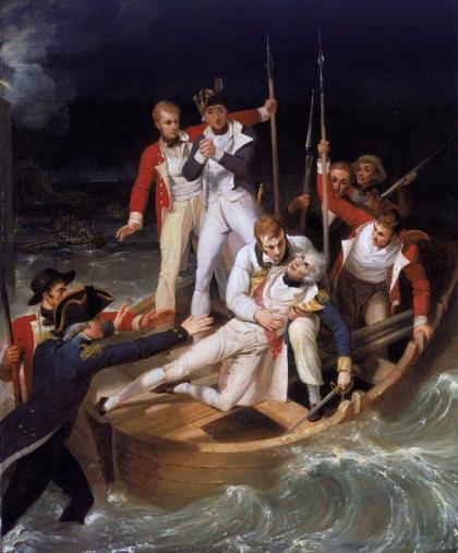 Dramatic oil painting of Nelson lying wounded in a longboat attended by his men