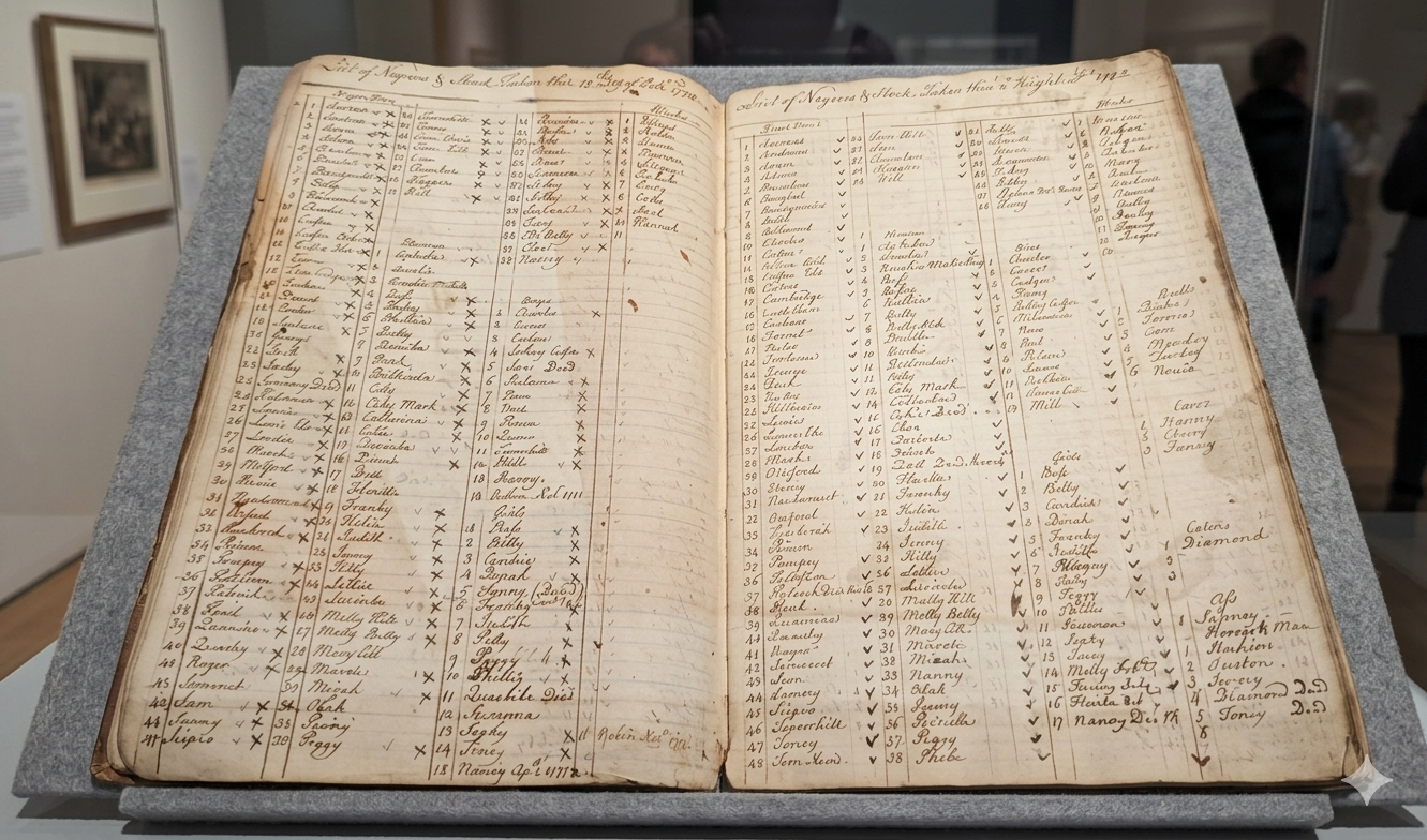 An 18 century leather-bound ledger listing plantation slaves, on display at the London Museum, Docklands
