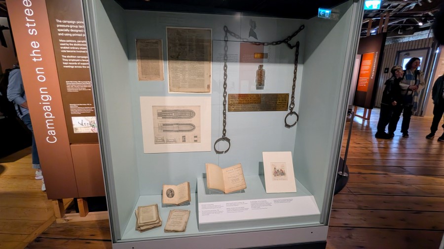 A glass display cabinet about slavery at the London Museum Docklands