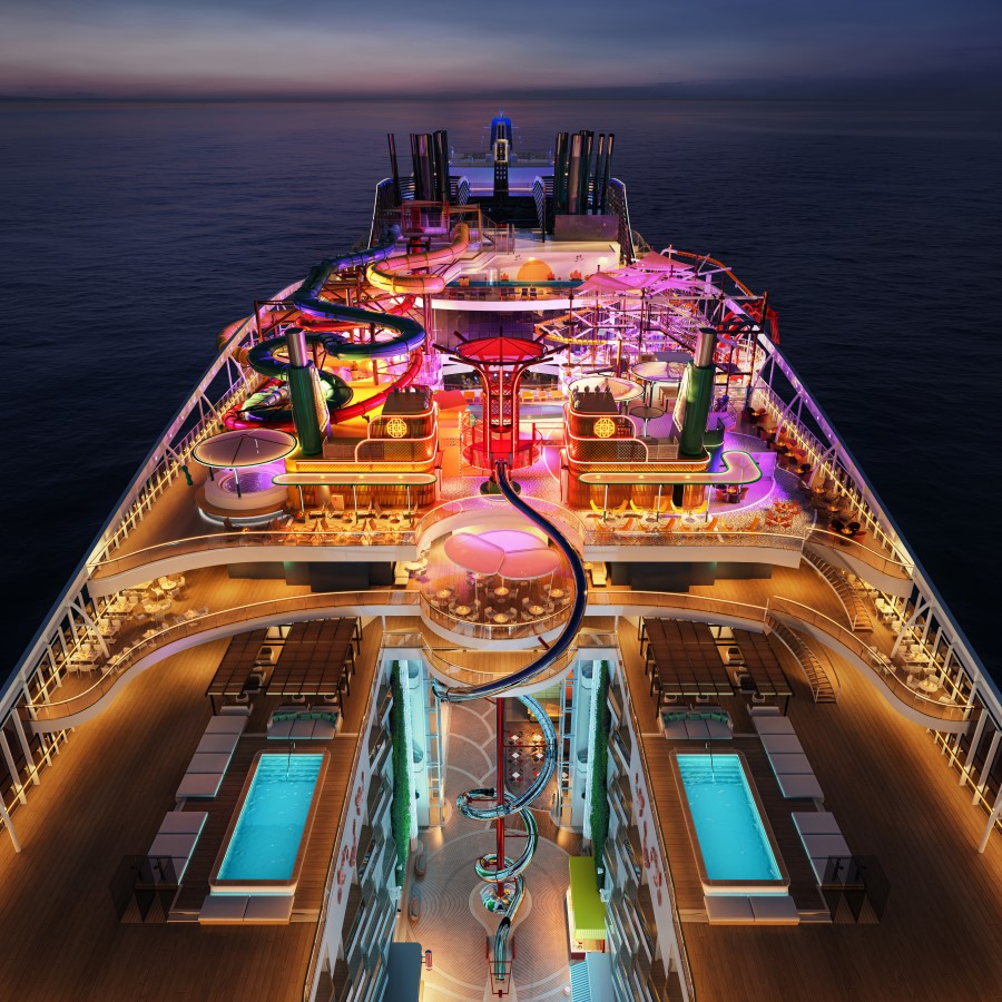 Design render of an illuminated spiral slide that spirals down into the ship.